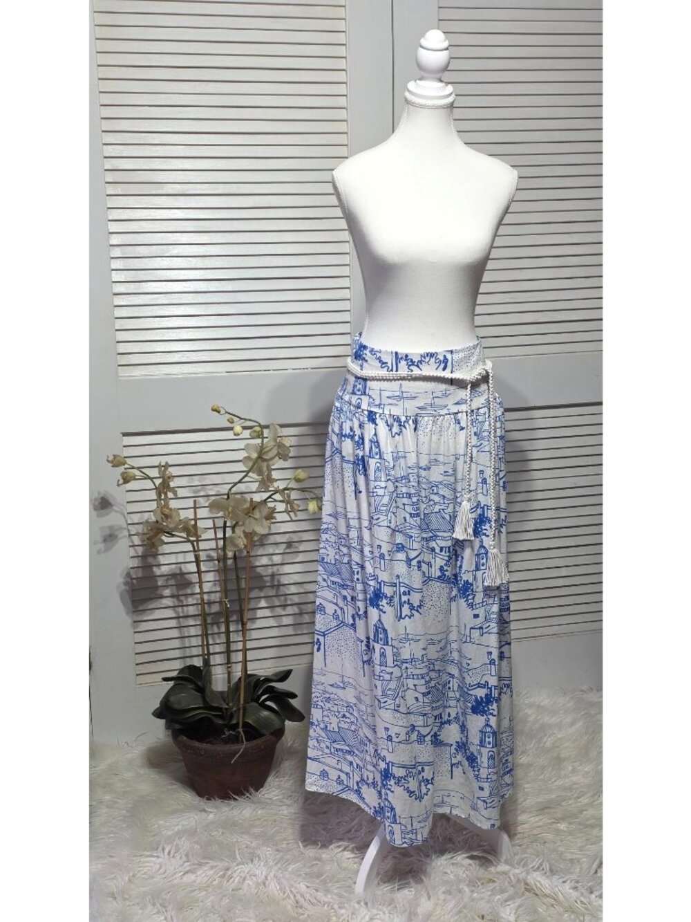 NWT Calypso St Barth Women White Blue Coastal Sails Linen Maxi Skirt Sz L 3890